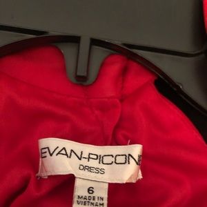 Red designer halter top midi dress with ruching at the waist.  Dressy dress.